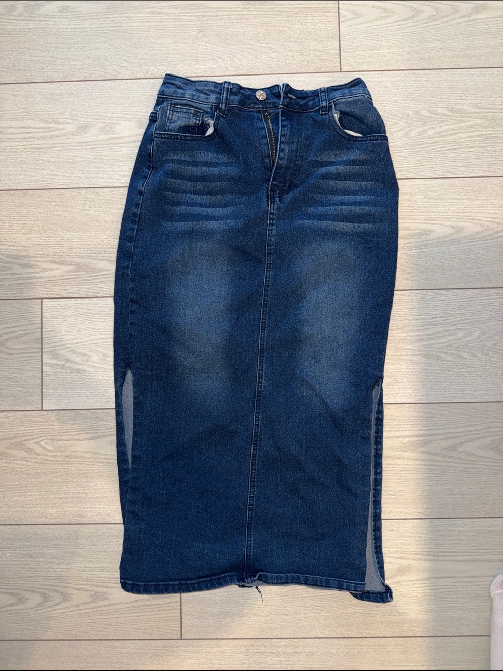 Dark Blue Denim Midi Skirt with side slits